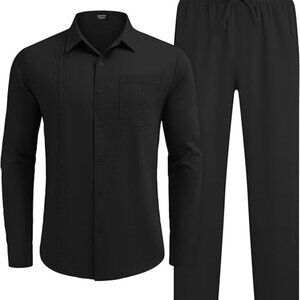 NEW- Mens Linen Set; Long Sleeve Button Down Cuban Shirt and Pants; Size Sm